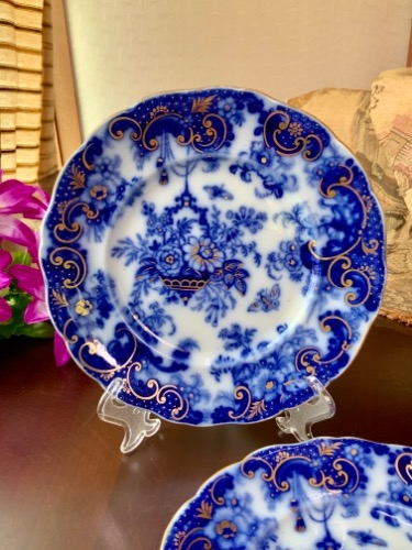 플로우 블루 프로럴 플레이트 Flow Blue Floral Plate circa 1900