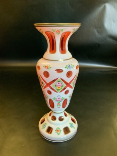 체코 보헤미안 화이트 컷 크랜베리 핸드페인트 에나멜 베이스 Czech Bohemian White Cut to Cranberry Hand Painted Enamel Vase circa 1930