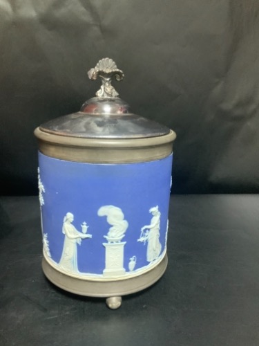 웨지우드 제스퍼웨어 코발 블루 딥 비스킷 잘 Wedgwood Jasperware Cobalt Blue Dip Biscuit Jar with Pewter Base and Top ring circa 1867 - AS IS