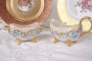 Guerin 리모지 핸드페인트 발달린 크리머&amp;슈거 Guerin Limoges Hand Painted Footed Creamer &amp; Sugar dated 1906