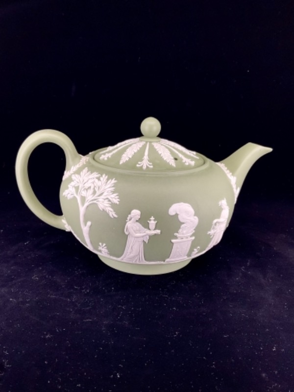 웨지우드 제스퍼웨어 티어 그린 티팟 Wedgwood Jasperware Teal Green Teapot circa 1960