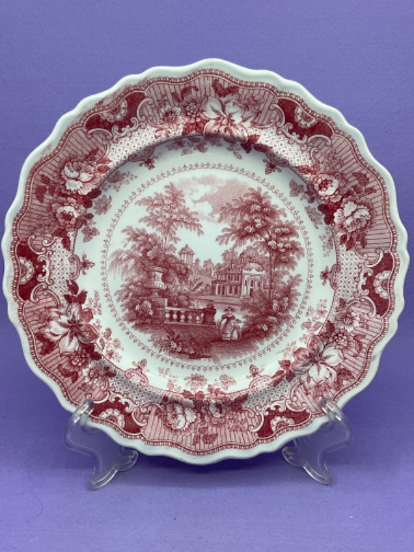 R Hall 레드 &amp; 화이트 트렌스퍼웨어 (전사) 플레이트 R Hall Red &amp; White Transferware Plate circa 1822-1841