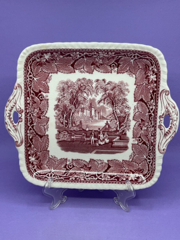 메이슨스 &quot;Vista 레드 &amp; 화이트 트렌스퍼웨어 (전사) 핸들 플레이트 Mason&#039;s &quot;Vista&quot; Red &amp; White Transferware Handled Cake Plate circa 1950.