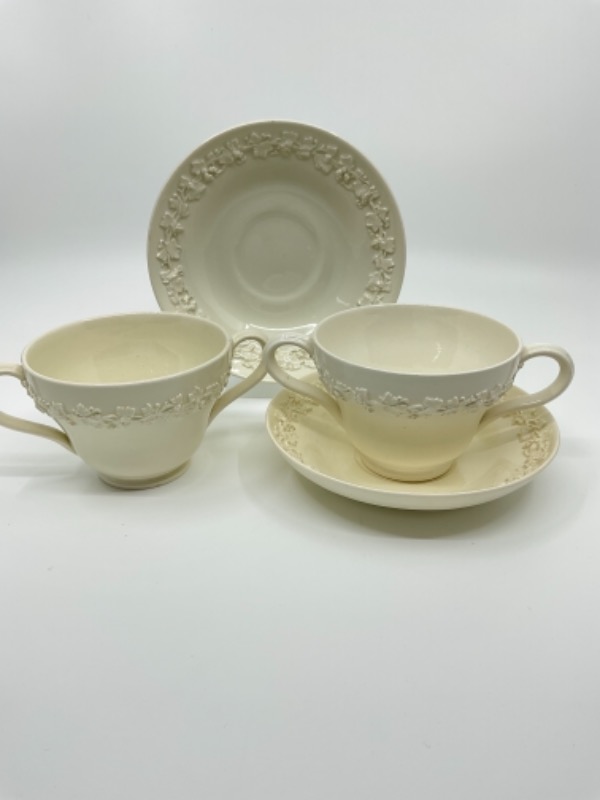 Wedgwood Ivory Queensware 2 Handled Cup &amp; Saucer circa 1960