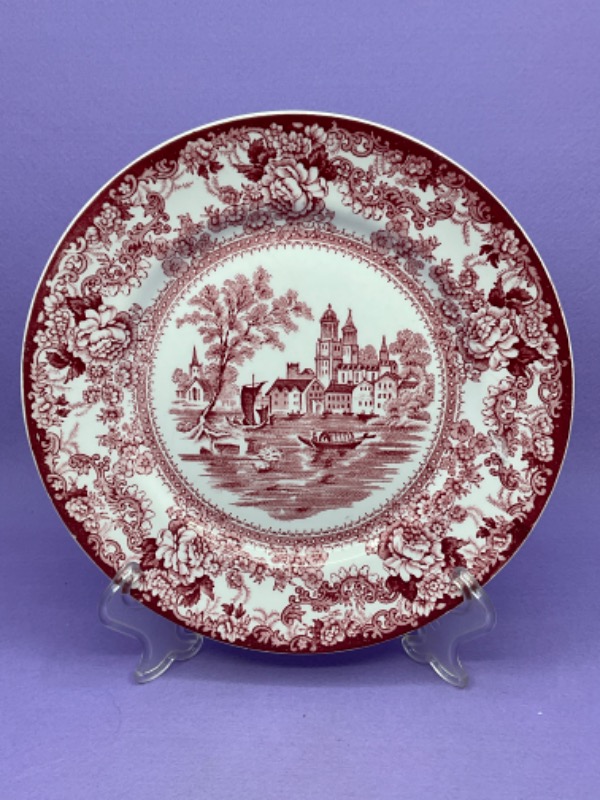 Colonia 도자기 레드 &amp; 화이트 트렌스퍼웨어 (전사) 플레이트 Colonial Pottery Red &amp; White Transferware Plate circa 1930